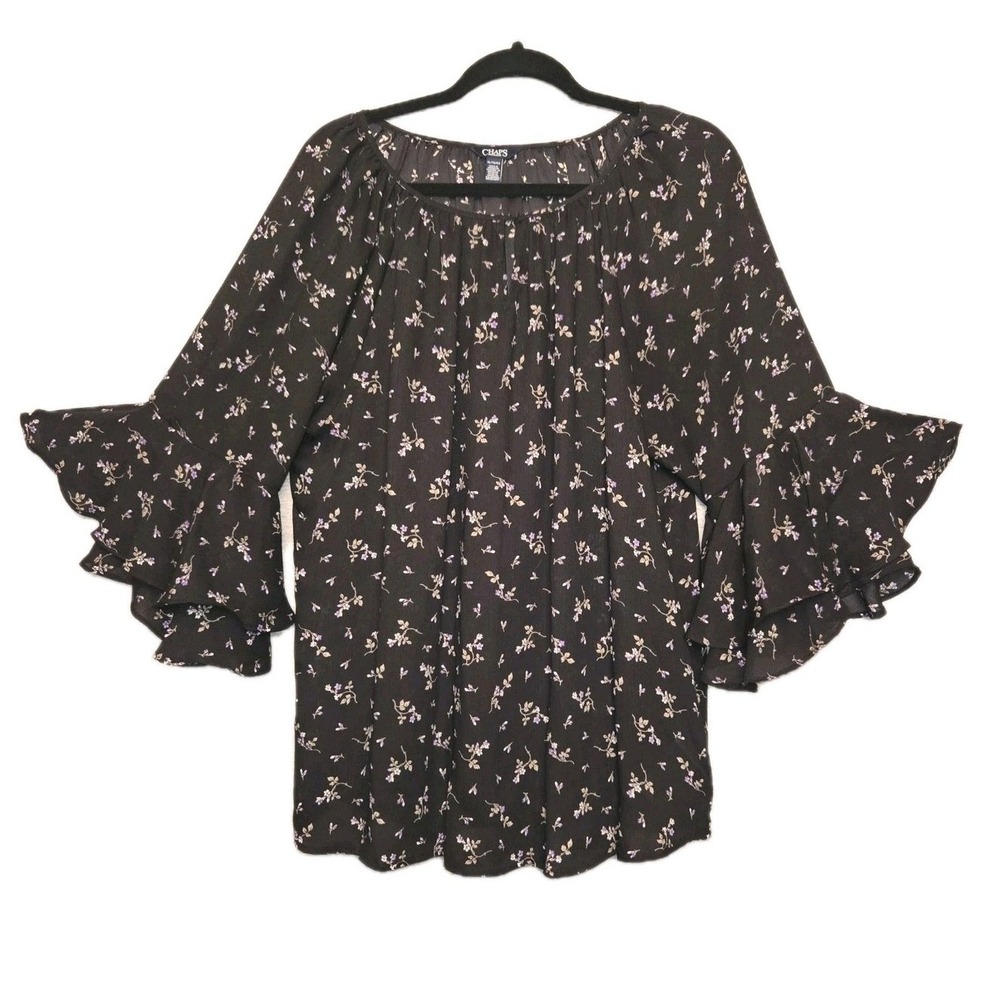 CHAPS Ralph Lauren Black Floral Blouse Women's Size XL 3/4 Sleeve Semi-Sheer Top